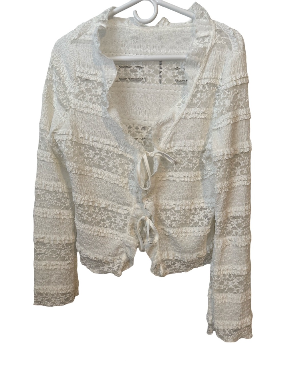 Ethereal Fairycore, Angelcore crinkle lace  Tie-Front Cardigan  in White